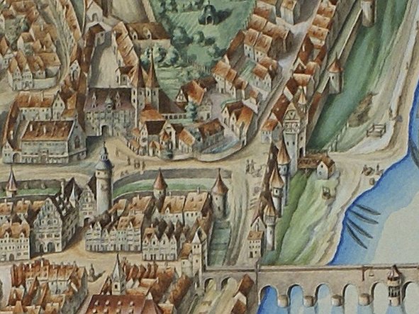 [Translate to Englisch:] „Ansicht des ehemaligen Benediktinerinnenklosters“, Aquarell nach einem Gemälde von Georg Martin 1628